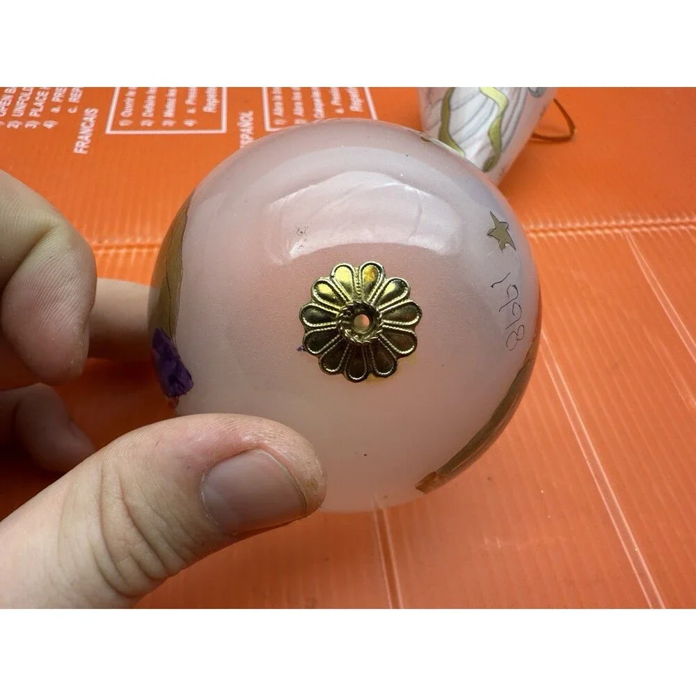 2 LI BIEN Pier One Glass Ornaments Reverse Painted Angels Round 1998 Tear Drop